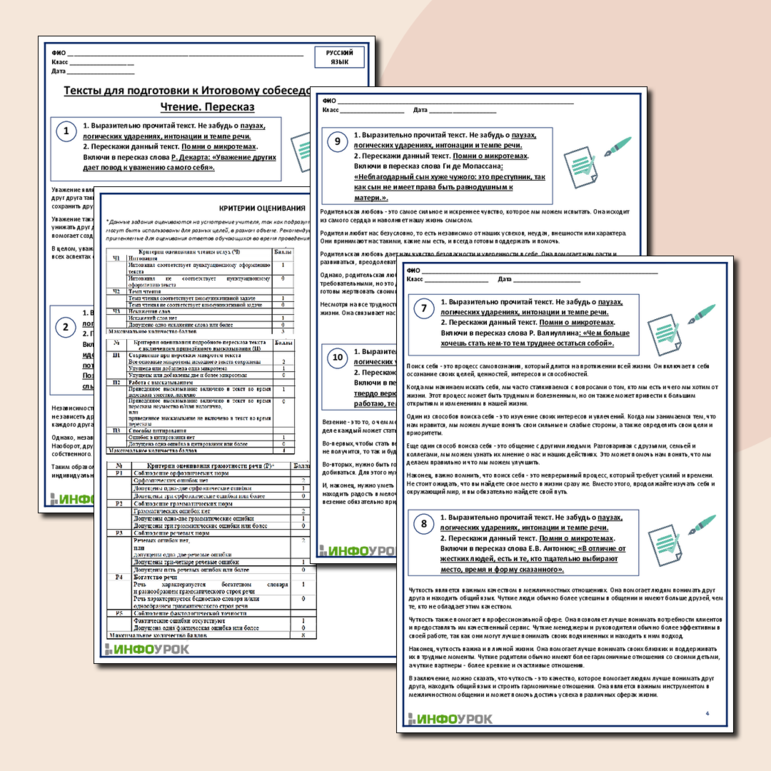 Тексты для подготовки к Итоговому собеседованию (чтение+пересказ) и заданию 13.3 ОГЭ по русскому языку, 10 вариантов