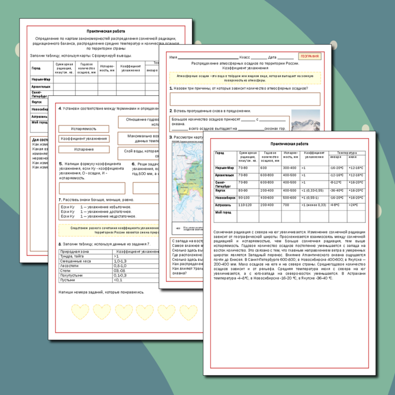 Рабочий лист «Распределение атмосферных осадков по территории России. Коэффициент увлажнения» + Практическая работа