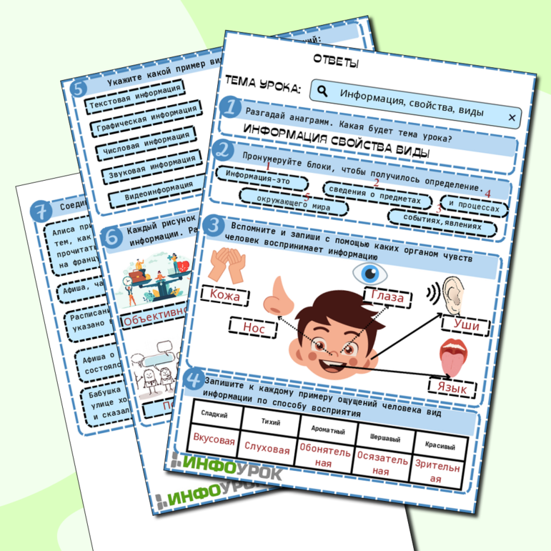 Рабочий лист для урока ИВТ 6 класс на тему Информация, виды, свойства