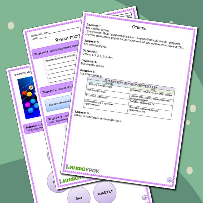 Рабочий лист по информатике. Языки программирования.