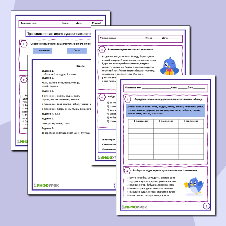 Рабочий лист для русского языка по теме «Три склонения имен существительных»