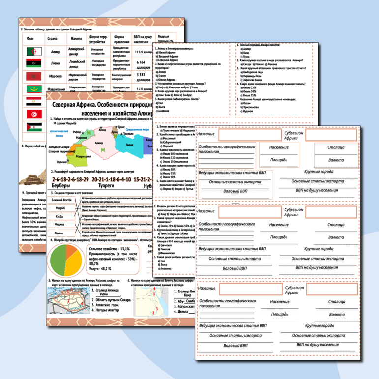 Северная Африка. Особенности природно-ресурсного капитала, населения и хозяйства Алжира и Египта. Рабочий лист, карточки, тестирование