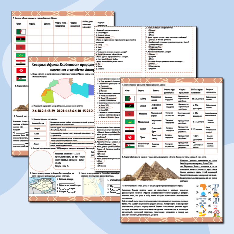 Северная Африка. Особенности природно-ресурсного капитала, населения и хозяйства Алжира и Египта. Рабочий лист, карточки, тестирование