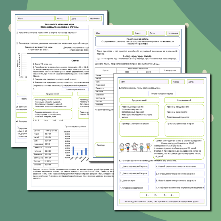 Рабочий лист «Численность населения мира. Воспроизводство населения, его типы». Практическая работа «Определение и сравнение темпов прироста населения крупных по численности населения стран мира»