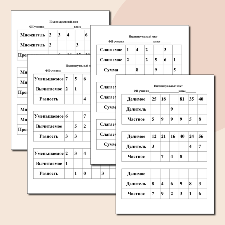 Шаблон-таблица на сложение, вычитание, умножение и деление