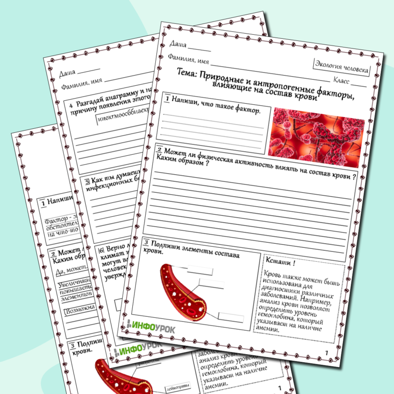 Рабочий лист по биологии Природные и антропогенные факторы, влияющие на состав крови
