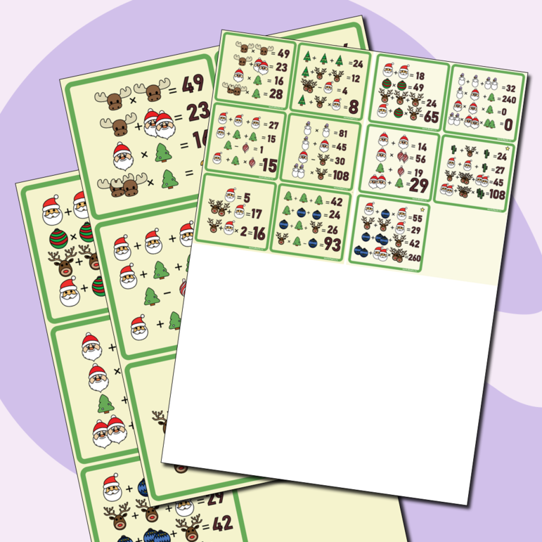 Новогодние головоломки - сложение, вычитание и умножение. Карточки (11 шт.)