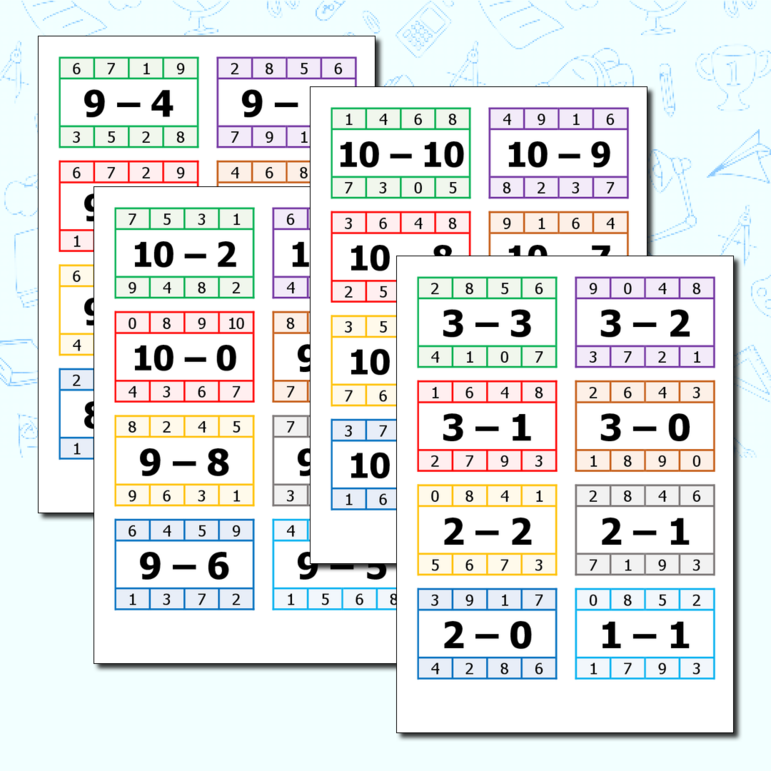 Карточки «Вычитание в пределах 10»
