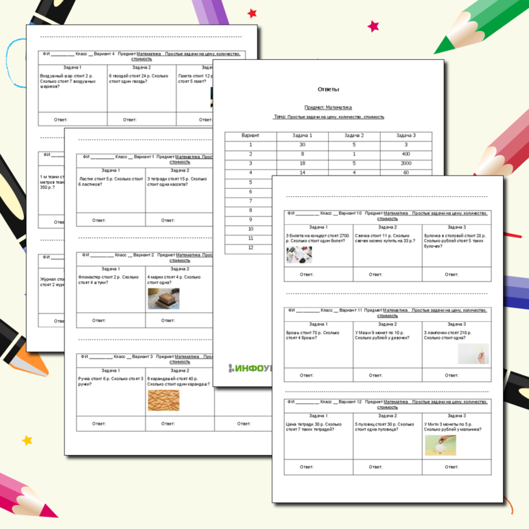 Карточка - пятиминутка по математике. Тема: Простые задачи на цену, количество, стоимость