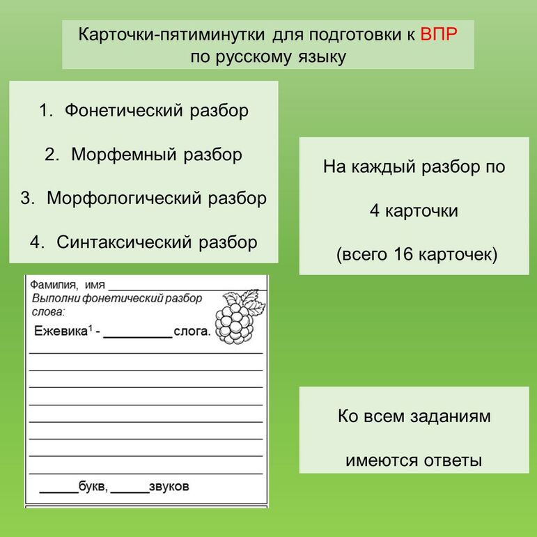 Карточки-пятиминутки по русскому языку для подготовки к ВПР (фонетический, морфемный, морфологический, синтаксический разборы)