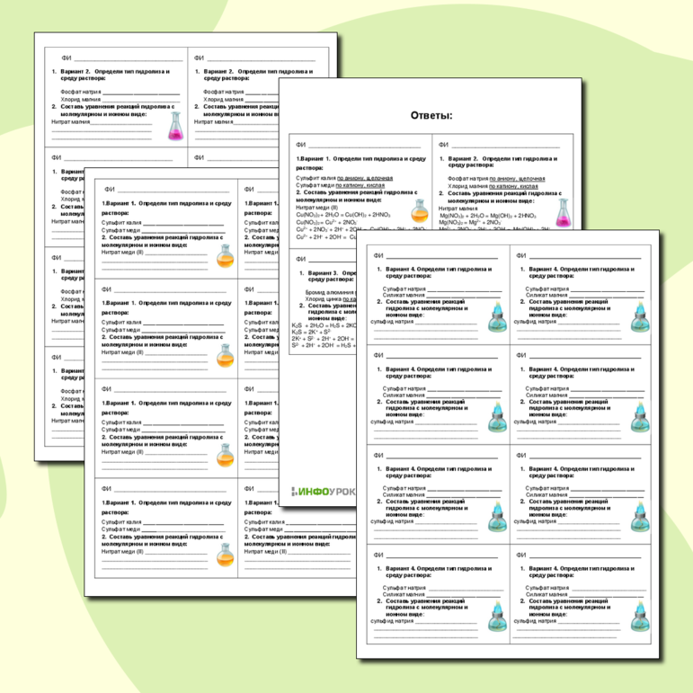 Карточки-пятиминутки для предмета химии по теме «Гидролиз солей»