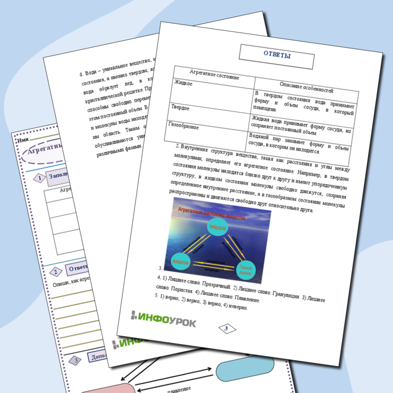Рабочий лист по Физике 7 класс «Агрегатные состояния вещества. Особенности агрегатных состояний воды»