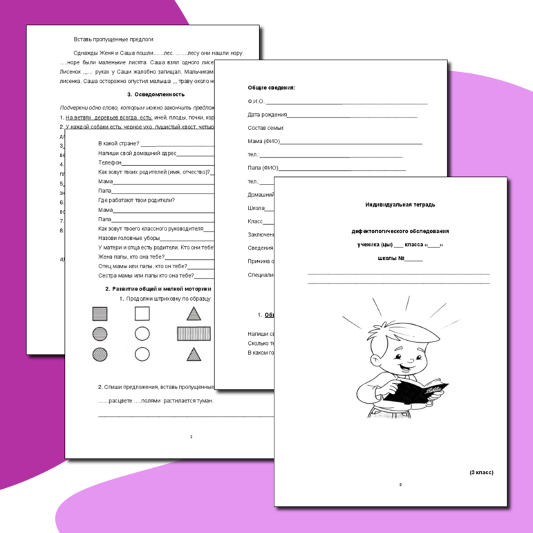 Индивидуальная тетрадь дефектологического обследования ребенка с ЗПР 3 класс