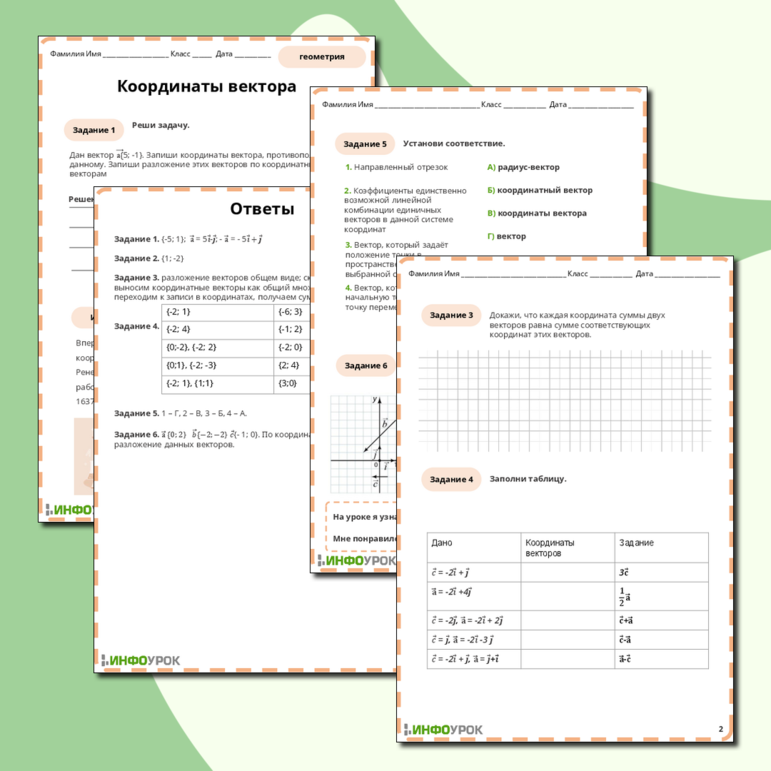 Рабочий лист по геометрии 9 класса Координаты вектора