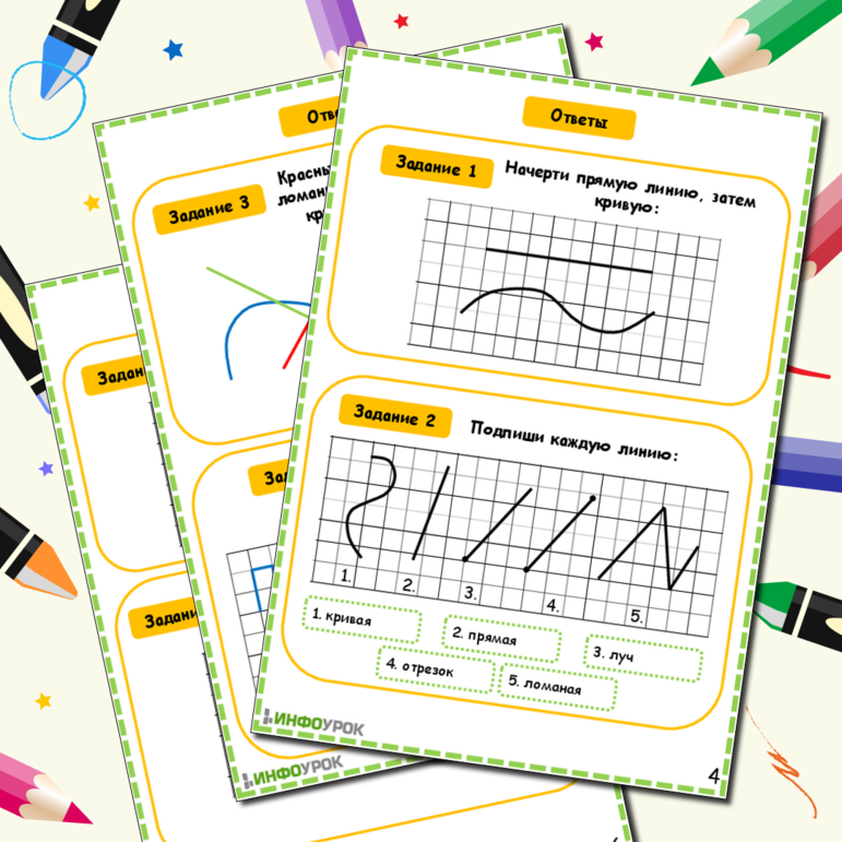 Кривая линия. Прямая линия. Отрезок. Луч. Ломаная линия.