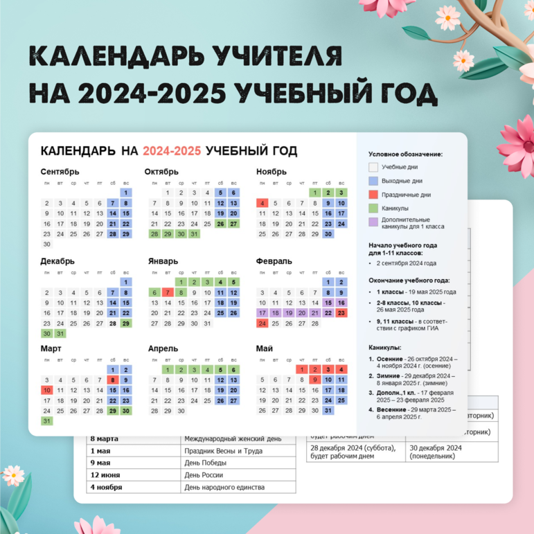 Календарь учителя на 2024 2025 год Шаблон календаря учителя на 2024-2025 учебный год (при пятидневной учебной недел